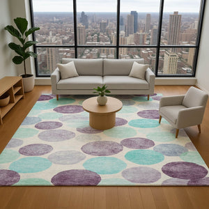 HomeRoots 8' Washable Round Rug in Plum, Teal & Ivory - Durable, UV Protected, Modern Geometric Design for Any Space 707404