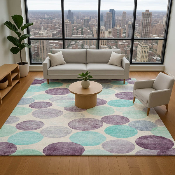 HomeRoots 8' Washable Round Rug in Plum, Teal & Ivory - Durable, UV Protected, Modern Geometric Design for Any Space 707404