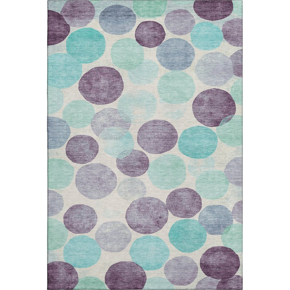 HomeRoots 8' Washable Round Rug in Plum, Teal & Ivory - Durable, UV Protected, Modern Geometric Design for Any Space 707404