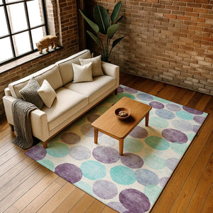 HomeRoots 8' Washable Round Rug in Plum, Teal & Ivory - Durable, UV Protected, Modern Geometric Design for Any Space 707404