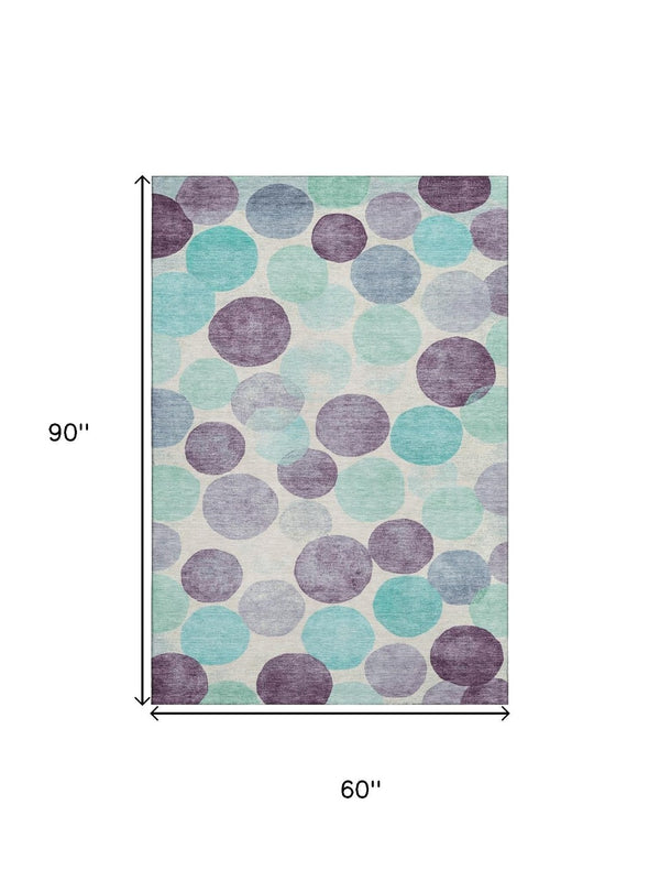 HomeRoots 8' Washable Round Rug in Plum, Teal & Ivory - Durable, UV Protected, Modern Geometric Design for Any Space 707404