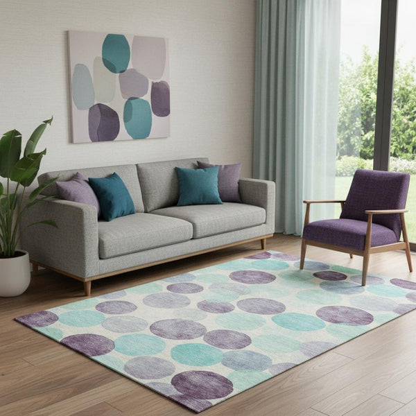 HomeRoots 8' Washable Round Rug in Plum, Teal & Ivory - Durable, UV Protected, Modern Geometric Design for Any Space 707404