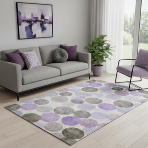 HomeRoots 8' Modern Geometric Purple Brown Ivory Round Rug - Washable, UV Protected, Durable for High Traffic Areas 707410