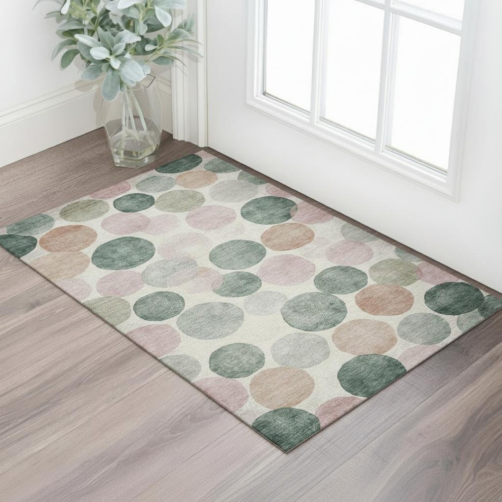 HomeRoots 5' X 8' Washable Salmon and Emerald Geometric Area Rug with UV Protection - Perfect for High-Traffic Homes 707421