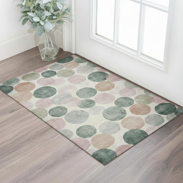 HomeRoots 5' X 8' Washable Salmon and Emerald Geometric Area Rug with UV Protection - Perfect for High-Traffic Homes 707421