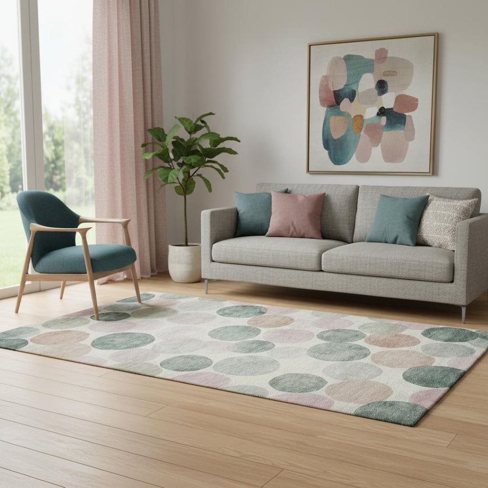 HomeRoots 8' Stylish Salmon, Emerald & Ivory Geometric Washable Round Rug with UV Protection & Non-Slip Backing 707422