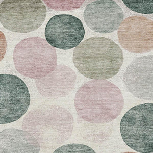 HomeRoots 8' Stylish Salmon, Emerald & Ivory Geometric Washable Round Rug with UV Protection & Non-Slip Backing 707422