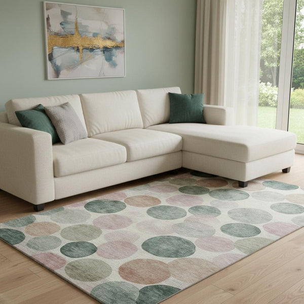 HomeRoots 9' X 12' Salmon, Emerald & Ivory Geometric Washable Area Rug - Durable, UV Protected, Kid-Friendly! 707424
