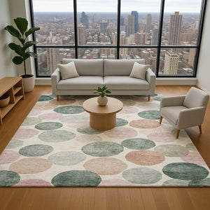 HomeRoots 9' X 12' Salmon, Emerald & Ivory Geometric Washable Area Rug - Durable, UV Protected, Kid-Friendly! 707424