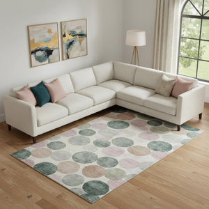 HomeRoots 10' X 14' Salmon Emerald Ivory Geometric Rug - Washable, UV-Protected, Stain-Resistant for Families 707425