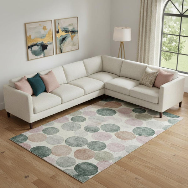 HomeRoots 10' X 14' Salmon Emerald Ivory Geometric Rug - Washable, UV-Protected, Stain-Resistant for Families 707425