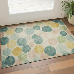 HomeRoots 5' X 8' Geometric Washable Area Rug in Teal, Yellow & Coral – UV Protected, Stain Resistant, Durable Design 707427