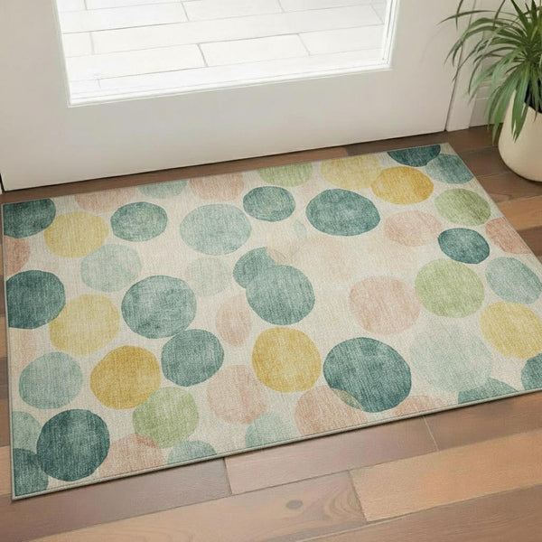 HomeRoots 5' X 8' Geometric Washable Area Rug in Teal, Yellow & Coral – UV Protected, Stain Resistant, Durable Design 707427