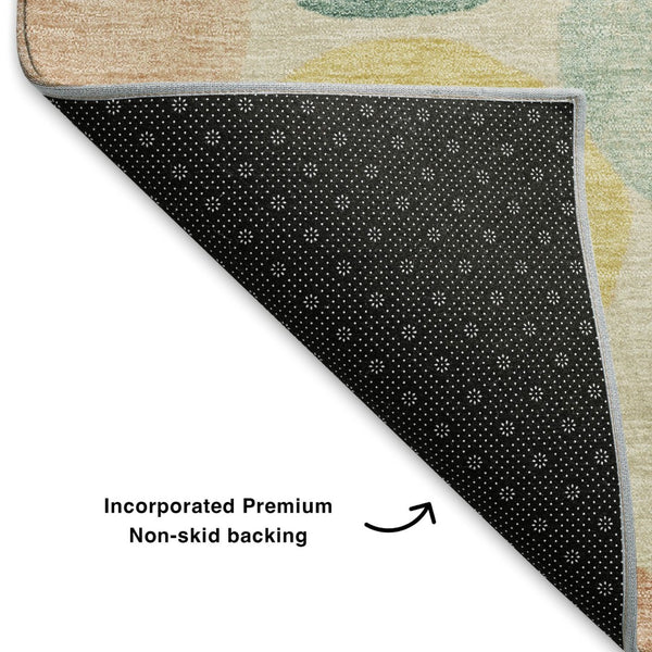 HomeRoots 5' X 8' Geometric Washable Area Rug in Teal, Yellow & Coral – UV Protected, Stain Resistant, Durable Design 707427