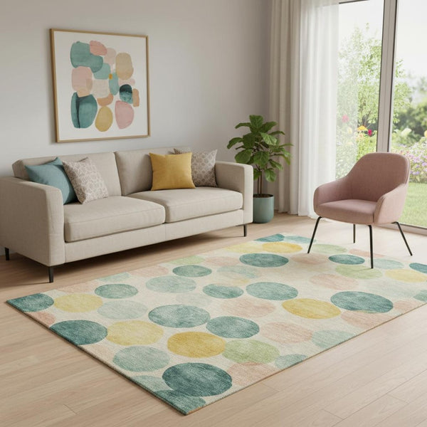 HomeRoots 8' Bold Teal, Yellow & Coral Geometric Washable Round Rug – UV Protected, Pet-Friendly & Durable! 707428