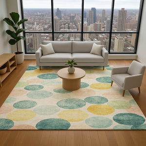 HomeRoots 8' Bold Teal, Yellow & Coral Geometric Washable Round Rug – UV Protected, Pet-Friendly & Durable! 707428