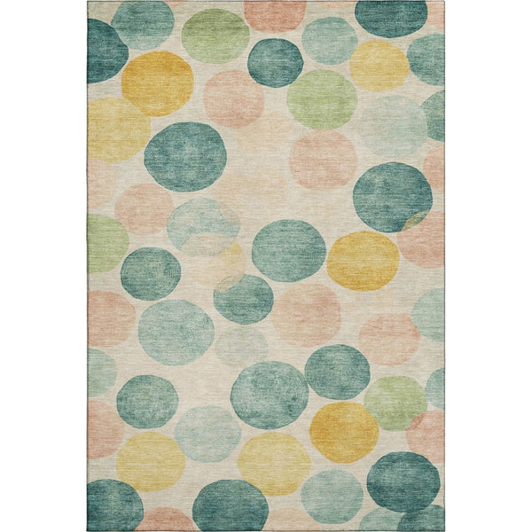 HomeRoots 8' Bold Teal, Yellow & Coral Geometric Washable Round Rug – UV Protected, Pet-Friendly & Durable! 707428