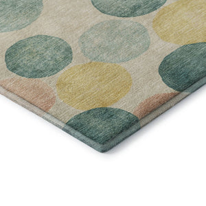 HomeRoots 8' Bold Teal, Yellow & Coral Geometric Washable Round Rug – UV Protected, Pet-Friendly & Durable! 707428