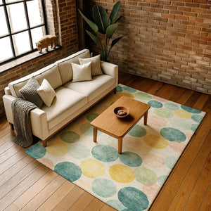 HomeRoots 8' Bold Teal, Yellow & Coral Geometric Washable Round Rug – UV Protected, Pet-Friendly & Durable! 707428