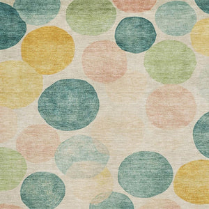 HomeRoots 8' Bold Teal, Yellow & Coral Geometric Washable Round Rug – UV Protected, Pet-Friendly & Durable! 707428