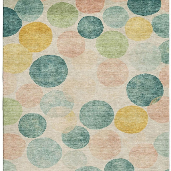 HomeRoots 8' Bold Teal, Yellow & Coral Geometric Washable Round Rug – UV Protected, Pet-Friendly & Durable! 707428