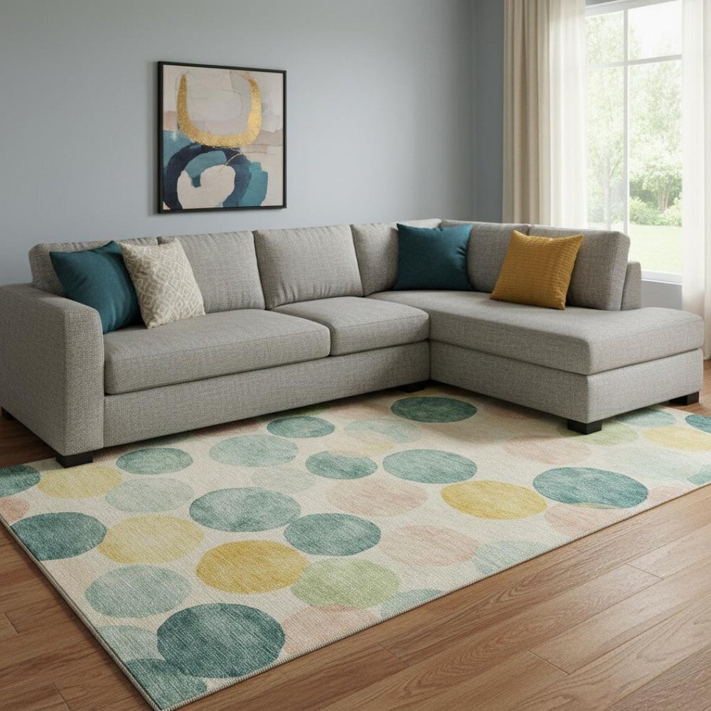 HomeRoots 9' X 12' Vibrant Teal Yellow Coral Geometric Area Rug - Washable, UV Protected, Non-Slip Design 707430