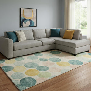 HomeRoots 9' X 12' Vibrant Teal Yellow Coral Geometric Area Rug - Washable, UV Protected, Non-Slip Design 707430