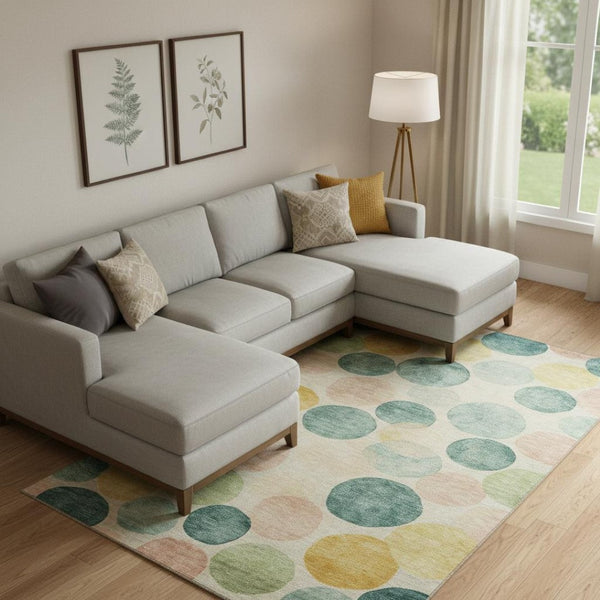 HomeRoots 10' X 14' Washable Geometric Area Rug in Teal, Yellow & Coral - UV Protected, Easy-Care Design! 707431