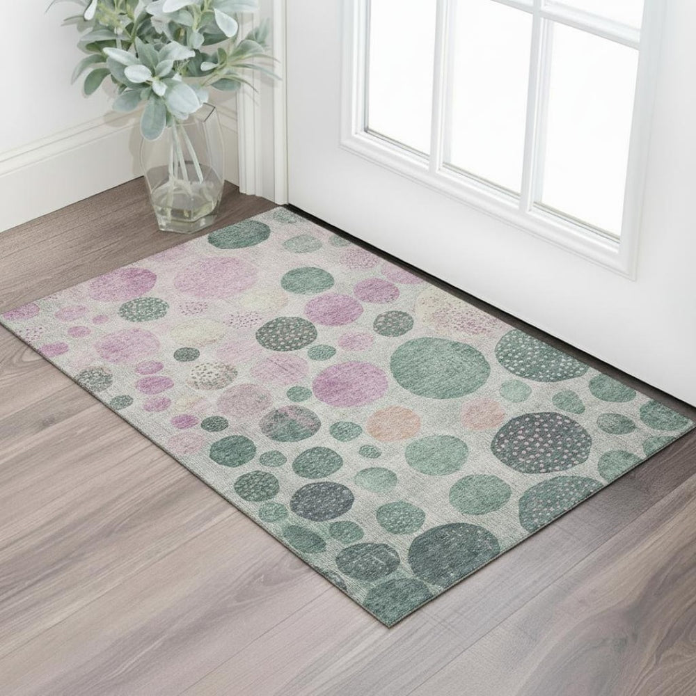 HomeRoots 5' X 8' Washable Geometric Area Rug in Green, Mauve & Beige with UV Protection for Modern Homes 707433