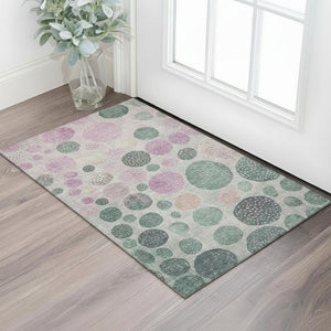 HomeRoots 5' X 8' Washable Geometric Area Rug in Green, Mauve & Beige with UV Protection for Modern Homes 707433