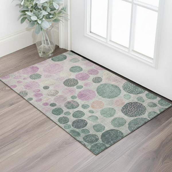 HomeRoots 5' X 8' Washable Geometric Area Rug in Green, Mauve & Beige with UV Protection for Modern Homes 707433