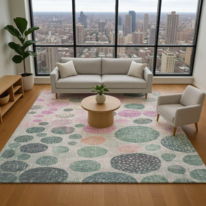 HomeRoots 5' X 8' Washable Geometric Area Rug in Green, Mauve & Beige with UV Protection for Modern Homes 707433