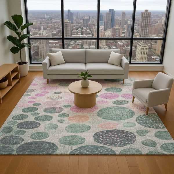HomeRoots 5' X 8' Washable Geometric Area Rug in Green, Mauve & Beige with UV Protection for Modern Homes 707433