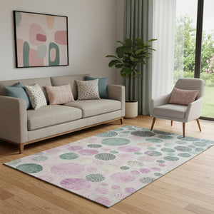 HomeRoots 8' Stylish Geometric Washable Round Rug in Green, Mauve & Beige - Durable, UV-Protected & Family-Friendly! 707434