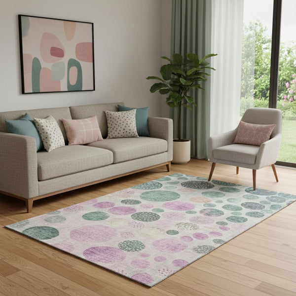 HomeRoots 8' Stylish Geometric Washable Round Rug in Green, Mauve & Beige - Durable, UV-Protected & Family-Friendly! 707434