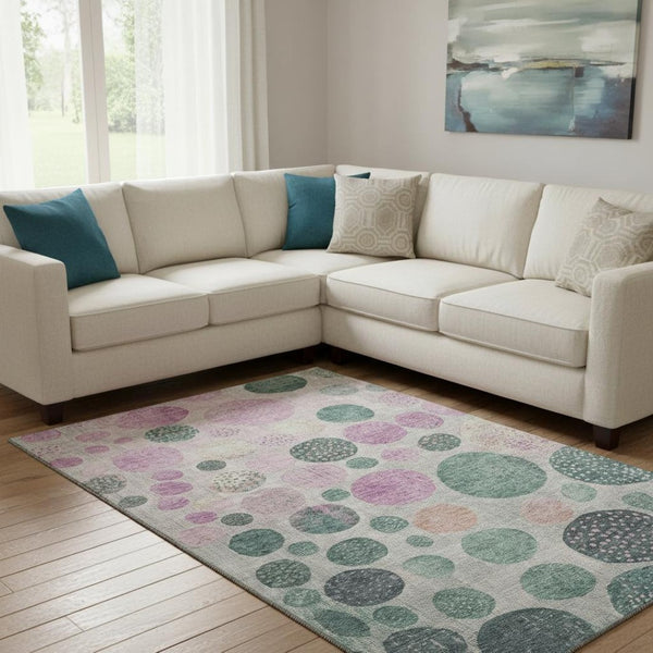 HomeRoots 9' Geometric Washable Area Rug in Soft Green, Mauve & Beige – UV Protected, Pet-Friendly Design 707436