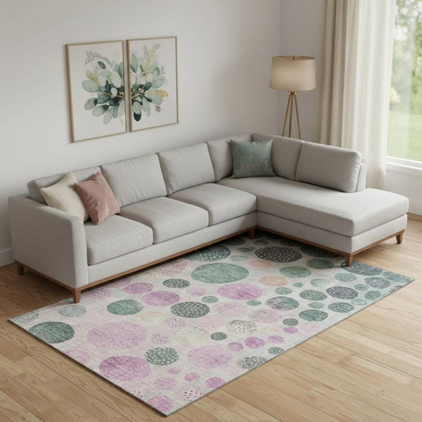 HomeRoots 10' Geometric Washable Area Rug in Green, Mauve & Beige - UV Protected, Stain-Resistant Design! 707437