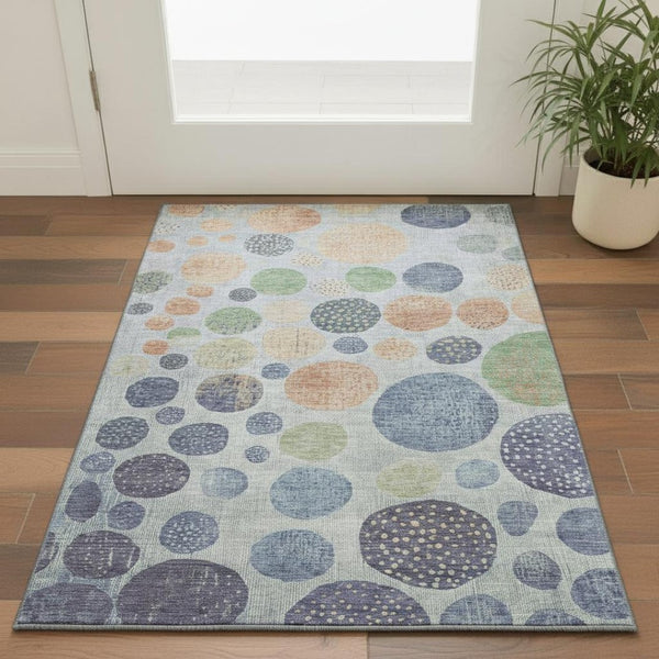 HomeRoots 5' Stylish Denim Blue, Green & Peach Geometric Washable Area Rug with UV Protection for Any Room 707439