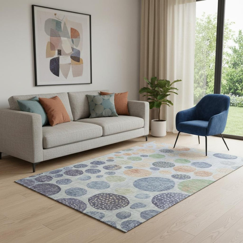 HomeRoots 8' Geometric Round Rug in Denim Blue, Green & Peach - Washable, UV-Resistant, Non-Slip Design! 707440