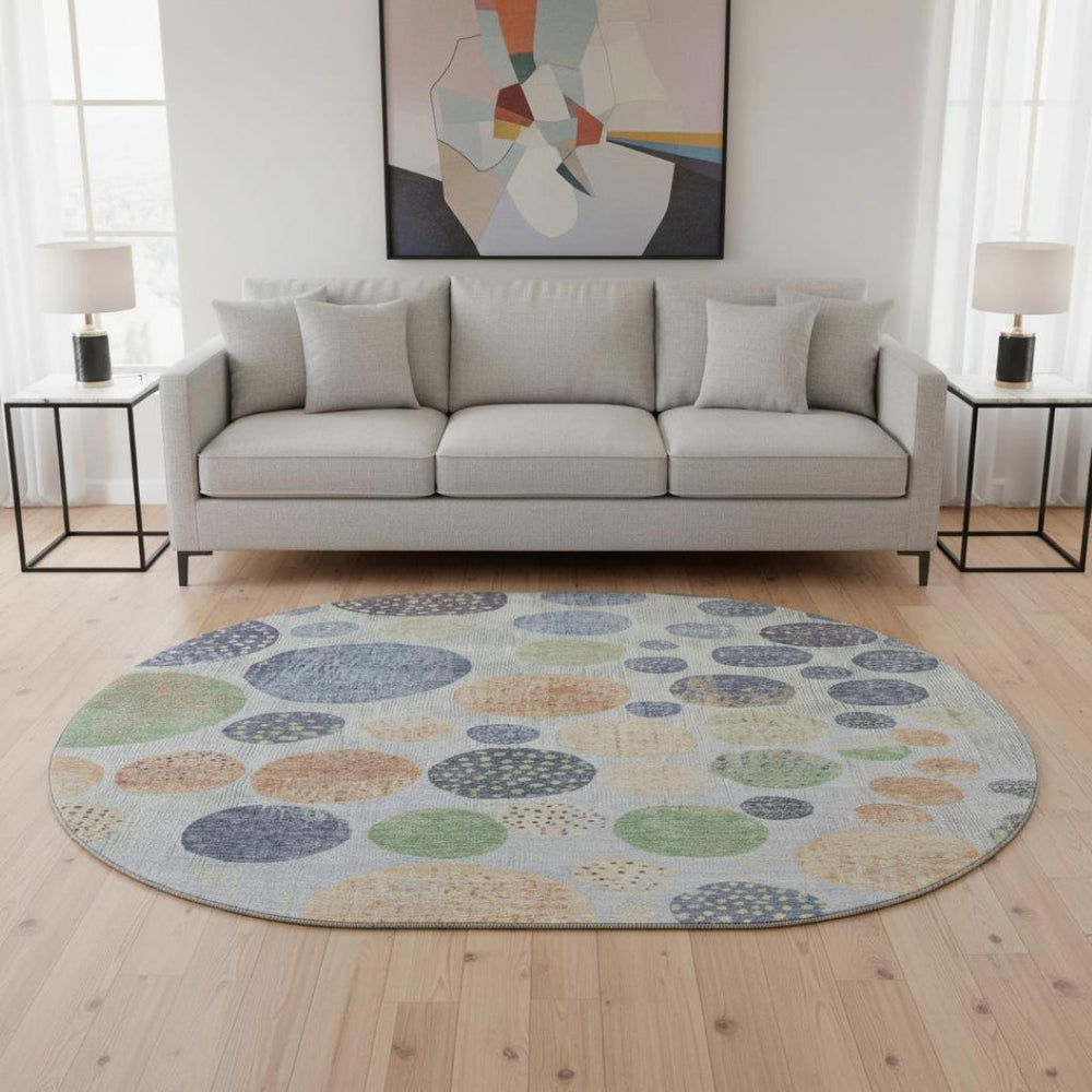 HomeRoots 8' X 10' Geometric Washable Area Rug in Denim Blue, Green & Peach - UV Protected, Stain-Resistant Design 707441