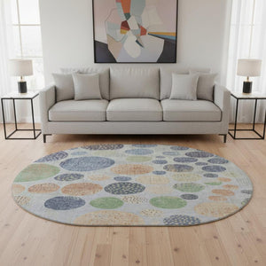 HomeRoots 8' X 10' Geometric Washable Area Rug in Denim Blue, Green & Peach - UV Protected, Stain-Resistant Design 707441