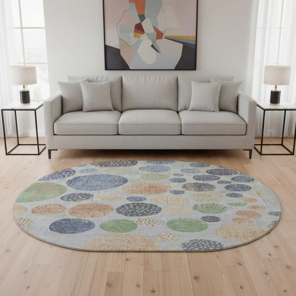 HomeRoots 8' X 10' Geometric Washable Area Rug in Denim Blue, Green & Peach - UV Protected, Stain-Resistant Design 707441