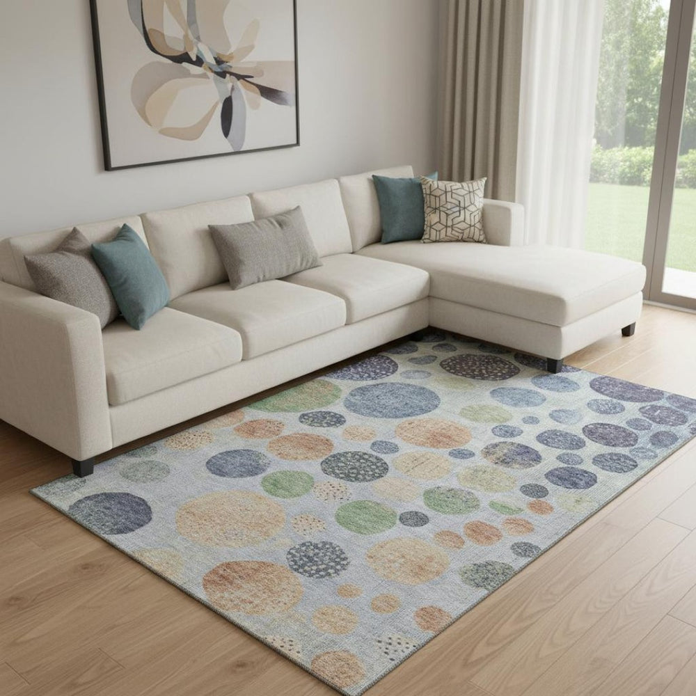 HomeRoots 9' X 12' Washable Geometric Area Rug in Denim Blue, Green & Peach – Durable, UV-Protected Design! 707442