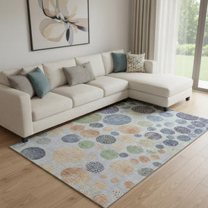 HomeRoots 9' X 12' Washable Geometric Area Rug in Denim Blue, Green & Peach – Durable, UV-Protected Design! 707442