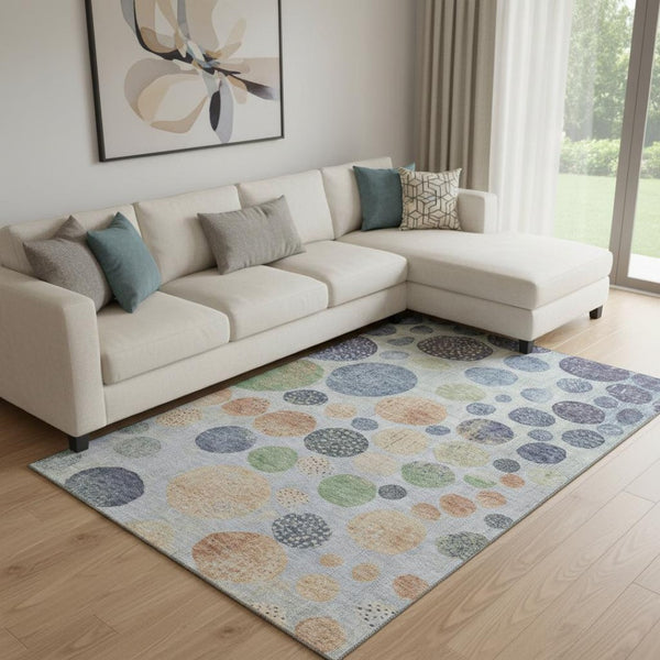 HomeRoots 9' X 12' Washable Geometric Area Rug in Denim Blue, Green & Peach – Durable, UV-Protected Design! 707442