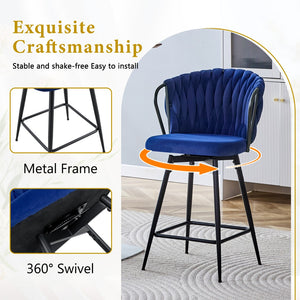 English Elm Set of 2 Velvet Counter Stools Woven Rope Backrest Padded Seat for Kitchen Island W3875P388493