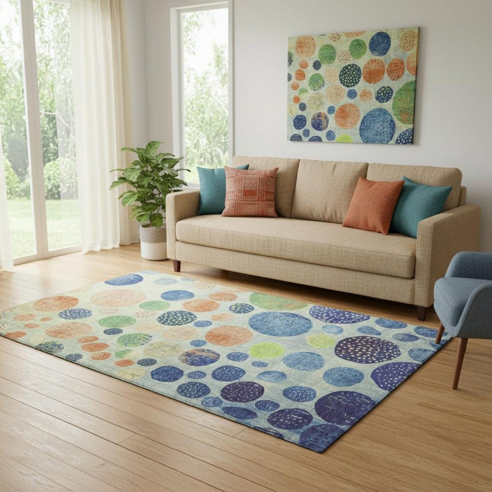 HomeRoots 8' Modern Geometric Washable Round Rug in Navy Blue, Green, and Peach with UV Protection & Stain Resistance 707446