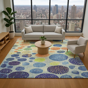 HomeRoots 8' Modern Geometric Washable Round Rug in Navy Blue, Green, and Peach with UV Protection & Stain Resistance 707446