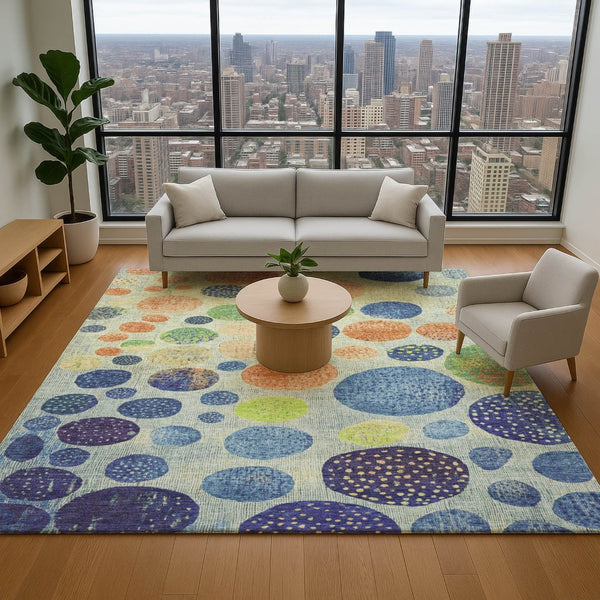 HomeRoots 8' Modern Geometric Washable Round Rug in Navy Blue, Green, and Peach with UV Protection & Stain Resistance 707446