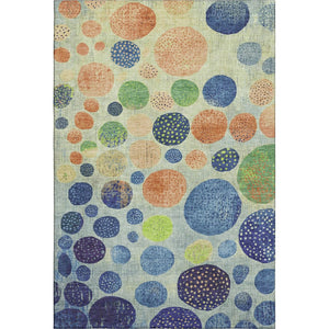 HomeRoots 8' Modern Geometric Washable Round Rug in Navy Blue, Green, and Peach with UV Protection & Stain Resistance 707446